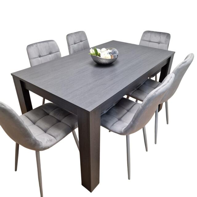 Dining Table and 6 Chairs Black Dark Grey 6 Grey Velvet Chairs Wood Dining Set Furniture Grey One Size 7