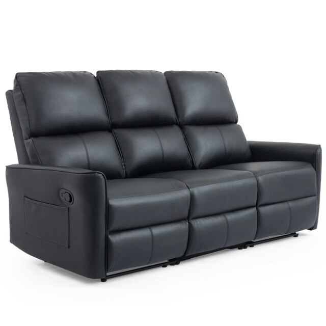 Madrid 3 Seater Manual Recliner Air Leather Sofa Black Three Seater