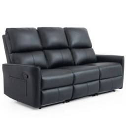 Madrid 3 Seater Manual Recliner Air Leather Sofa Black Three Seater