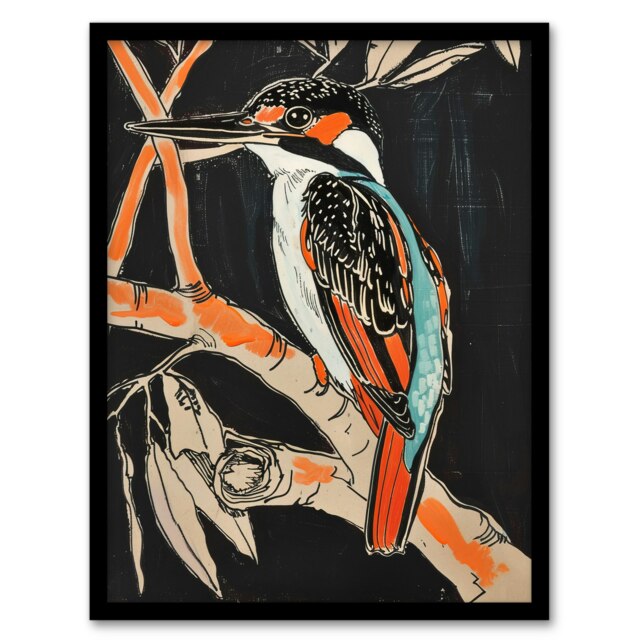 Modernist Kingfisher Bird On Branch Orange Black Framed Wall Art Print A4