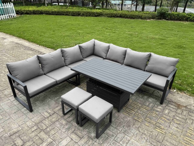 Fimous 8 Piece L-shaped Garden Furniture Set 9-Seater Aluminium Outdoor Dining Set with Adjustable Rising Lifting Dining Table 2 Small Footstools Dark Grey