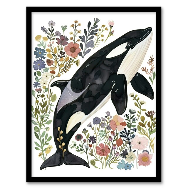Orca Killer Whale with Wildflowers Bright Floral Black Framed Wall Art Print A4