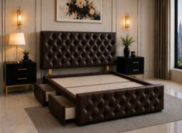 Brooklyn Divan Bed with Upholstered Headboard & Footboard Base - Single Brown Leather 2 Drawers Storage Right Side in Bed