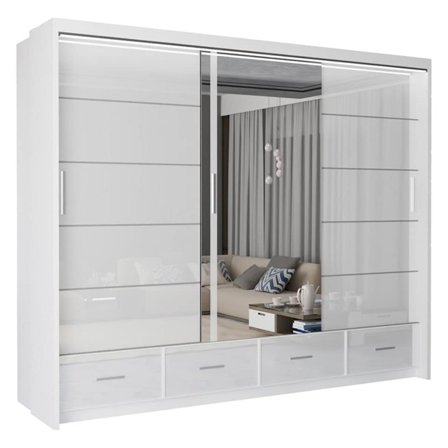 Sliding Wardrobes 4U Sleek High Gloss Mirror Sliding Wardrobe with LED and Drawers - 203cm and 255cm White White 255cm