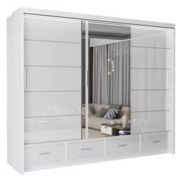 High Gloss Mirrored Sliding Wardrobe with Drawers for Bedroom - White 255cm