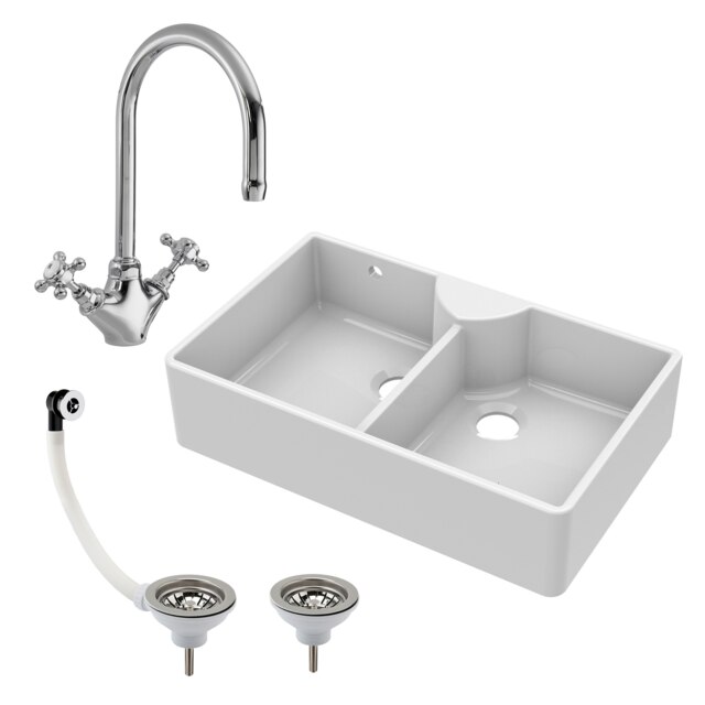 Fireclay 895mm Double Bowl Butler Kitchen Sink - Stepped Weir, Mixer Tap & Wastes