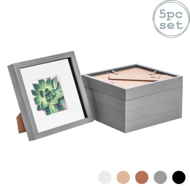 "Nicola Spring 8 x 8"" Photo Frames - Grey/White Mount - 3D Picture Frame Box Portrait Display Case (22.5 x 22.5cm) Set of 5"