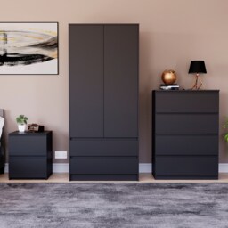 Vida Designs Denver 3 Piece Bedroom Set (2 Drawer Large Bedside Chest, 4 Drawer Chest, 2 Door 2 Drawer Wardrobe), Black Black Black L 3
