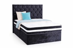 Chesterfield Black Crushed Velvet Small Double 4ft Divan Bed With 54inch Floorstanding Headboard and Mattress 2 Drawers Same Side