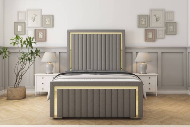 "Sloomy Boston Gold Pewter Dumfries Bed Frame With 50"" Upholstered Headboard 5' King"