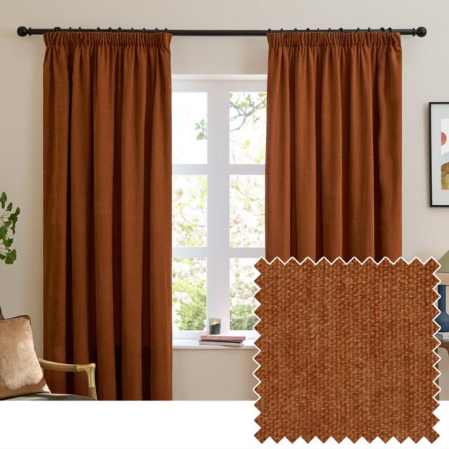 Furn Soft Chenille Blackout Pencil Pleat Curtain Pair, 229cm width x 183cm drop Orange Rust 1