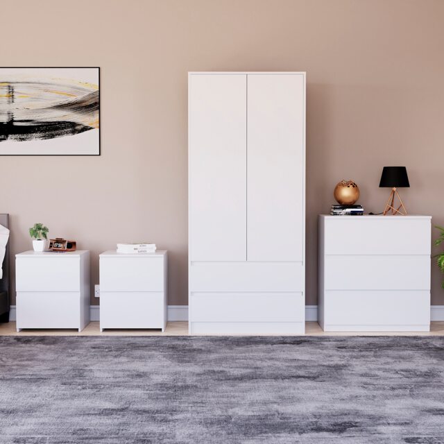 Vida Designs Denver 4 Piece Bedroom Set (2 Drawer Large Bedside Chest x2, 3 Drawer Chest, 2 Door 2 Drawer Wardrobe), White White White 4