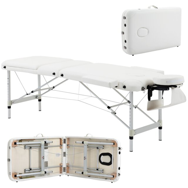 HOMCOM Foldable Massage Bed Portable Table, 3-Section Aluminium Foldable Beauty Couch, Professional Salon Spa Table with Headrest Support and Carry Bag, 81 cm Width, White