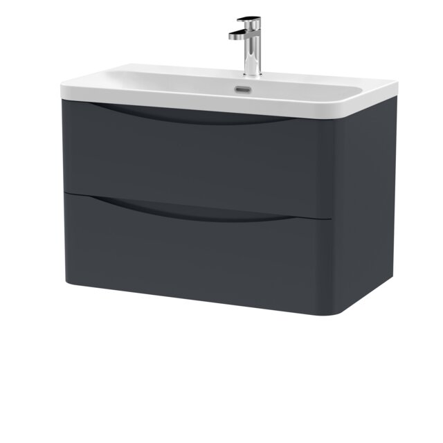 Balterley Arch Modern Bathroom Wall Hung 2 Drawer Vanity Unit & Thin Edge Ceramic Basin Grey Satin Soft Black
