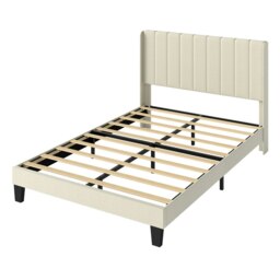 Levede Wooden Bed Frame King Panel Plush Upholstered Metal Bed Platform Beige