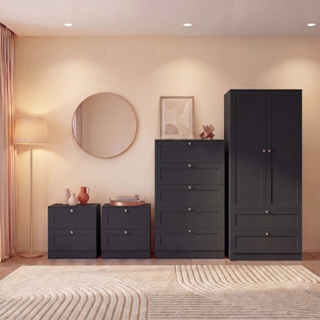 Vida Designs Altino 4 Piece Bedroom Set (2x 2 Drawer Bedside, 5 Drawer Chest, 2 Door 2 Drawer Wardrobe), Black