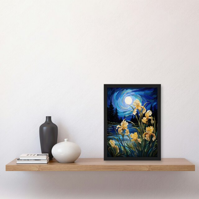 Enchanting Iris Flowers Blooming Fantasy Black Framed Wall Art Print A4