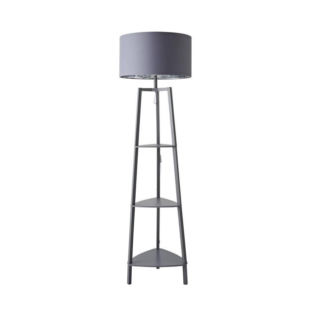 ValueLights Hiru Grey 3 Tier Shelf Floor Lamp Grey Chrome Shade and Bulb