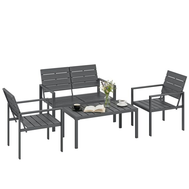 Outsunny 4 Piece Garden Furniture Set, HDPE Metal Outdoor Sofa, Dark Grey Grey Dark Grey Four Seater