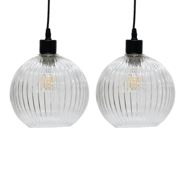Set of 2 Betchley - Clear Ribbed Glass Globe Easy Fit Pendant Shades Clear Medium 2