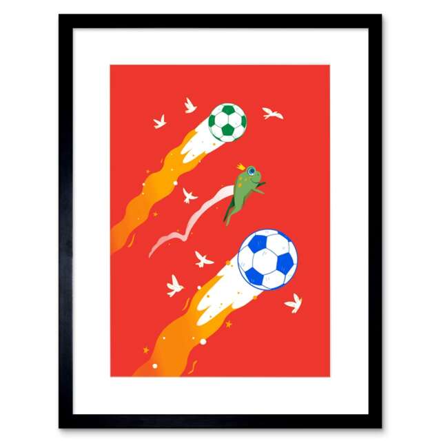 "Football Soccer Ball Frog Cartoon Kids Bedroom 9x7"" Black Framed Wall Art Print"