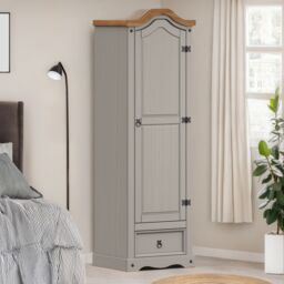 Mercers Furniture Corona Grey Wax 1 Door 1 Drawer Wardrobe Single Arch Top Robe Solid Wood Pine Wooden Bedroom with Mexican Styling