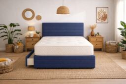Divan Bed Set Headboard and Footboard with Mattress 2ft6 Small Single Navy Blue Suede Storage 2 Drawers Right Side Laying in Bed