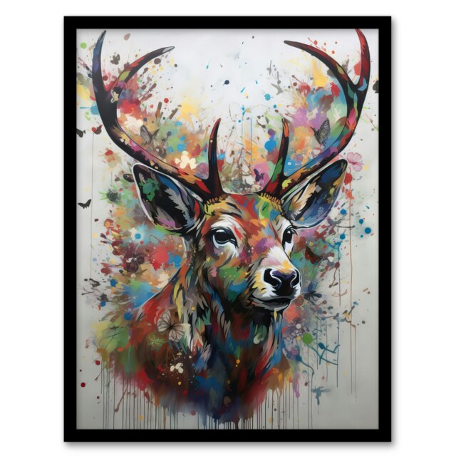 Butterfly Stag Deer Abstract Soft Pastel Colours Black Framed Wall Art Print A4