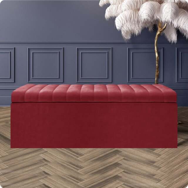 90cm Safar Large Striped Storage Ottoman Box, Red Plush Velvet Upholstered Deep Storage Ottoman End of Bed Bench