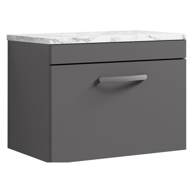 Balterley Millwich Contemporary 1 Drawer Wall Hung Vanity Unit with Laminate Carrara Marble Worktop, Gloss Grey, 600mm