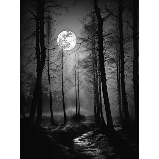 Full Moon Over Misty Forest Black White Landscape Photo Large Wall Art Print 18x24 Inch Multi