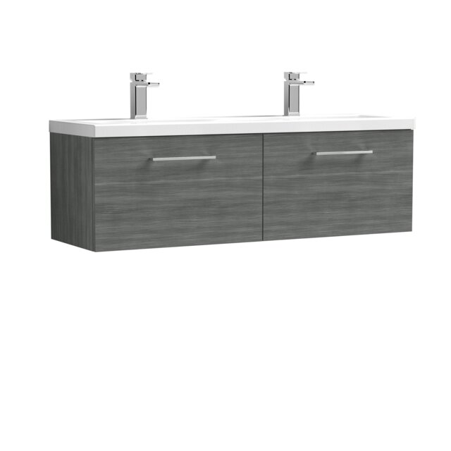 Balterley Level Wall Hung 2 Drawer Vanity Unit with Double Basin for Modern Bathroom Storage Grey Anthracite Woodgrain