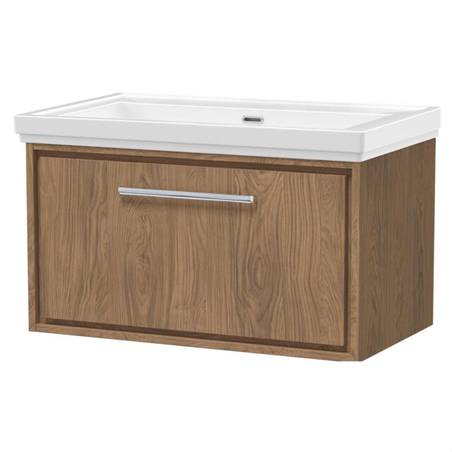 Balterley Longnor 1 Drawer Wall Hung Vanity Unit with 0 Tap Hole Traditional Fireclay Basin, Antique Oak, 800mm