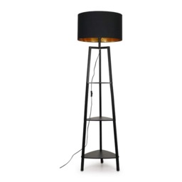 ValueLights Hiru Black 3 Tier Shelf Floor Lamp Black Gold Shade and Bulb
