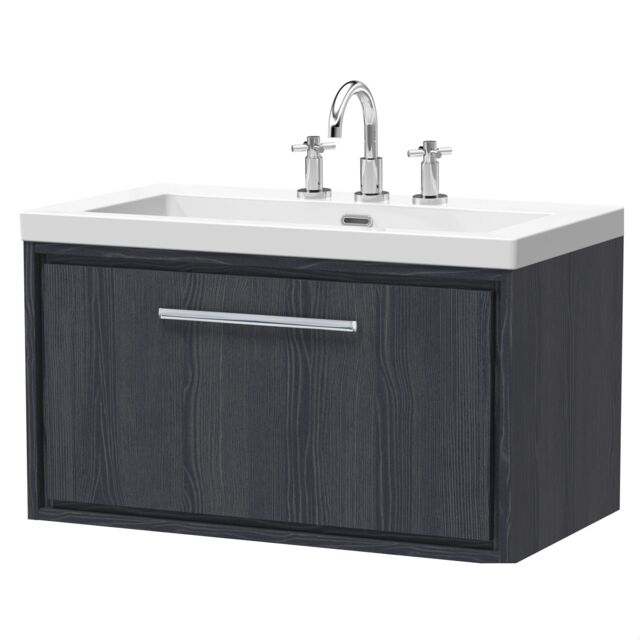 Balterley Longnor 1 Drawer Wall Hung Vanity Unit with 3 Tap Hole Modern Fireclay Basin, Woodgrain Graphite Grey, 800mm