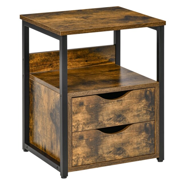 HOMCOM Industrial Side Table with Drawer, Sofa Table, Bedside Cabinet with Storage Shelf, Slim Nightstand for Living Room, Bedroom, Rustic Brown Brown