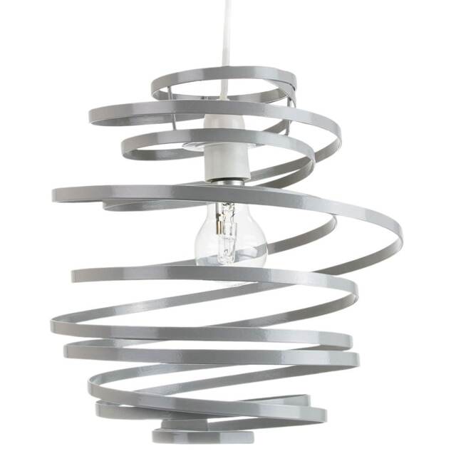 Contemporary Grey Gloss Metal Double Ribbon Spiral Swirl Ceiling Light Pendant Grey