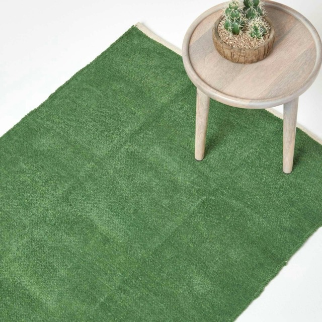 Homescapes Dark Olive Cotton Plain Chenille Rug with Natural Trim - 45 x 70 cm Green Dark Olive