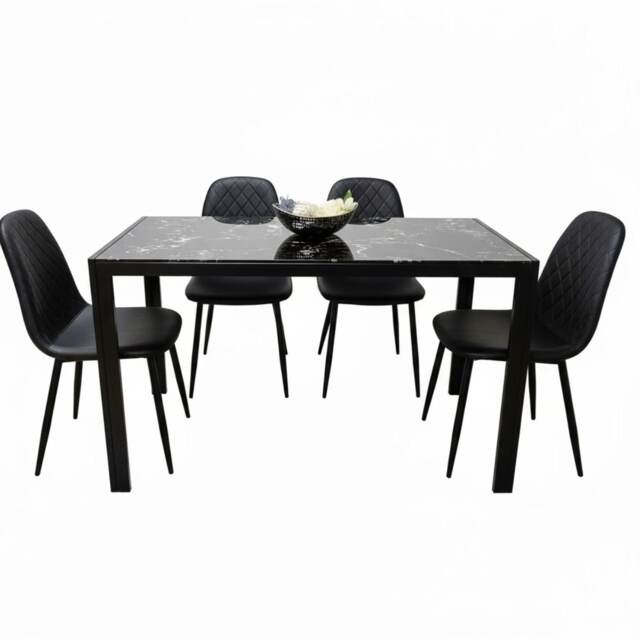 Black Glass Dining Table with 4 Black Chairs - Dining Kitchen Room Furniture