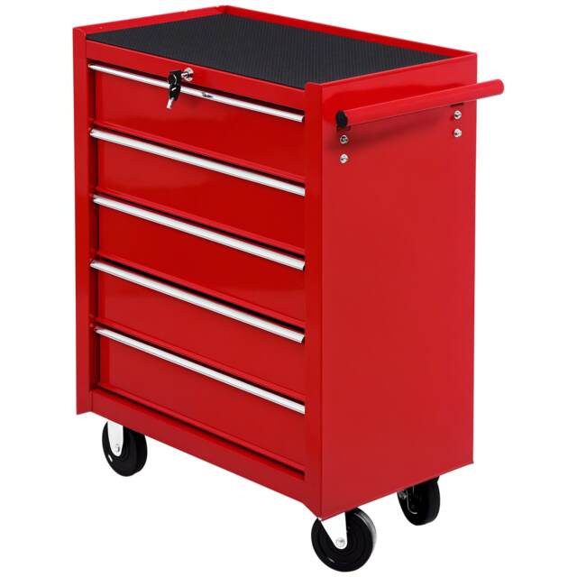 HOMCOM Tool Trolley with 5 Drawers Steel Tool Chest on Wheels with Handle Red Red 1