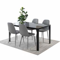 Modern Black Glass Dining Table Set with 4 Grey Dining Chairs Dining Room Furniture