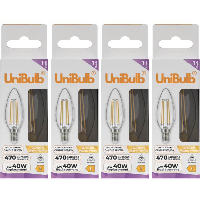 UniBulb LED Filament Candle E14 Small Edison Screw (SES) 470lm 4W (Replaces 40W) 2700K (Warm White) Light Bulb - Pack of 4