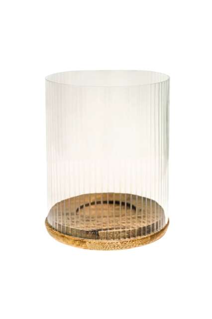 Amelia Ribbed Candle Holder - Wood/Glass - L20 x W20 x H23 cm - Natural White 1