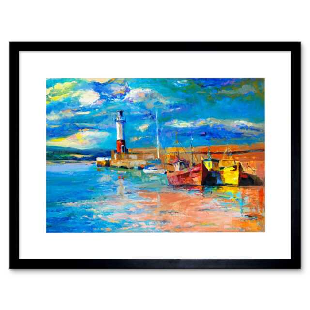 "Low Tide Lighthouse Harbour Boats Painting 9x7"" Black Framed Wall Art Print"