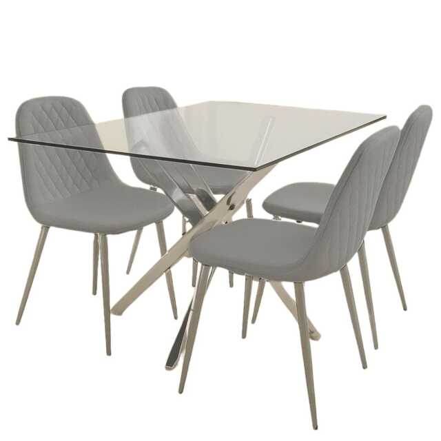 Glass Dining Table with 4 Grey Faux Leather Chairs Dining Room Furniture