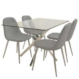 Glass Dining Table with 4 Grey Faux Leather Chairs Dining Room Furniture