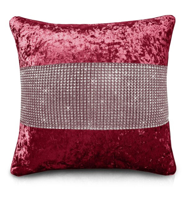 Luxury Crushed Velvet Diamonte Detail Cushion - 43cm x 43cm Red Raspberry