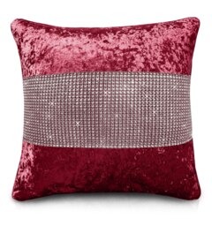 Luxury Crushed Velvet Diamonte Detail Cushion - 43cm x 43cm Red Raspberry