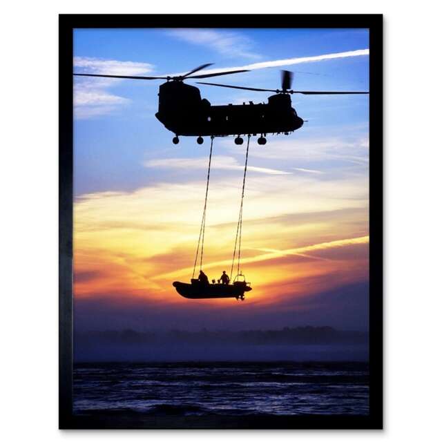 "Military UK Chinook Helicopter Royal Marines 12x16"" Framed Wall Art Print"