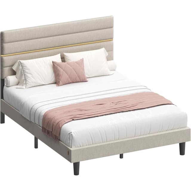 Modern Double Bed Frame, Metal Platform Bed with Adjustable Upholstered Headboard, Cappuccino Beige